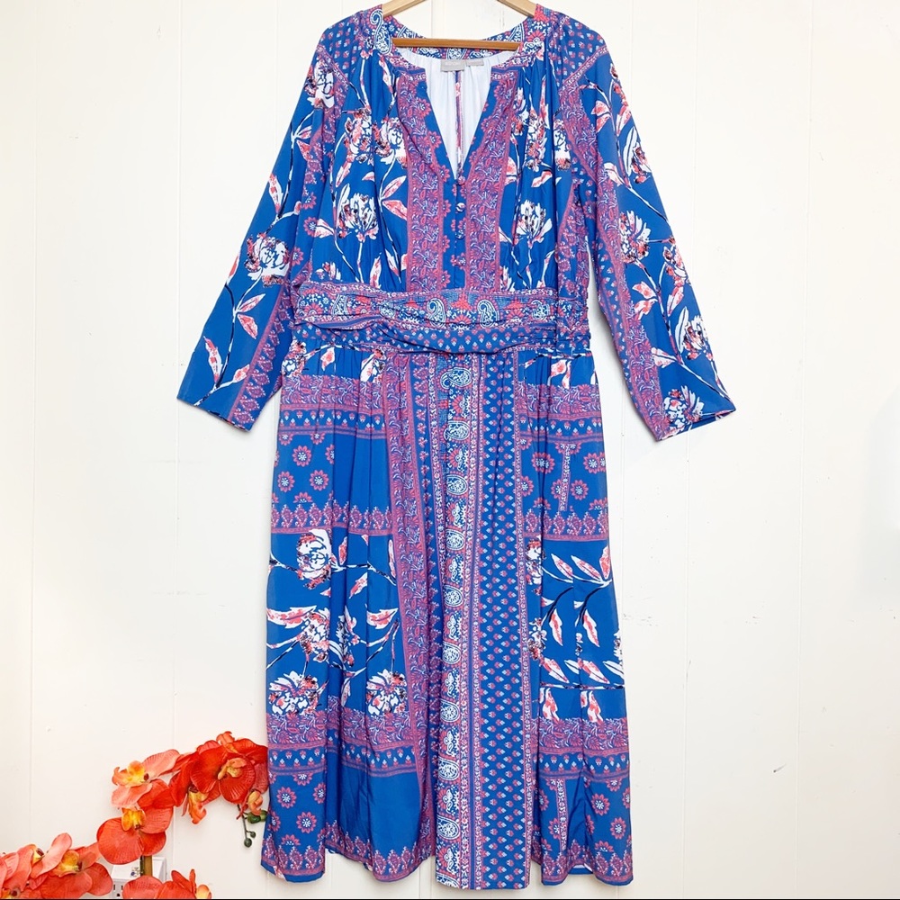 eShakti Custom Blue & Pink Floral Long Sleeve Maxi - Picture 1 of 8